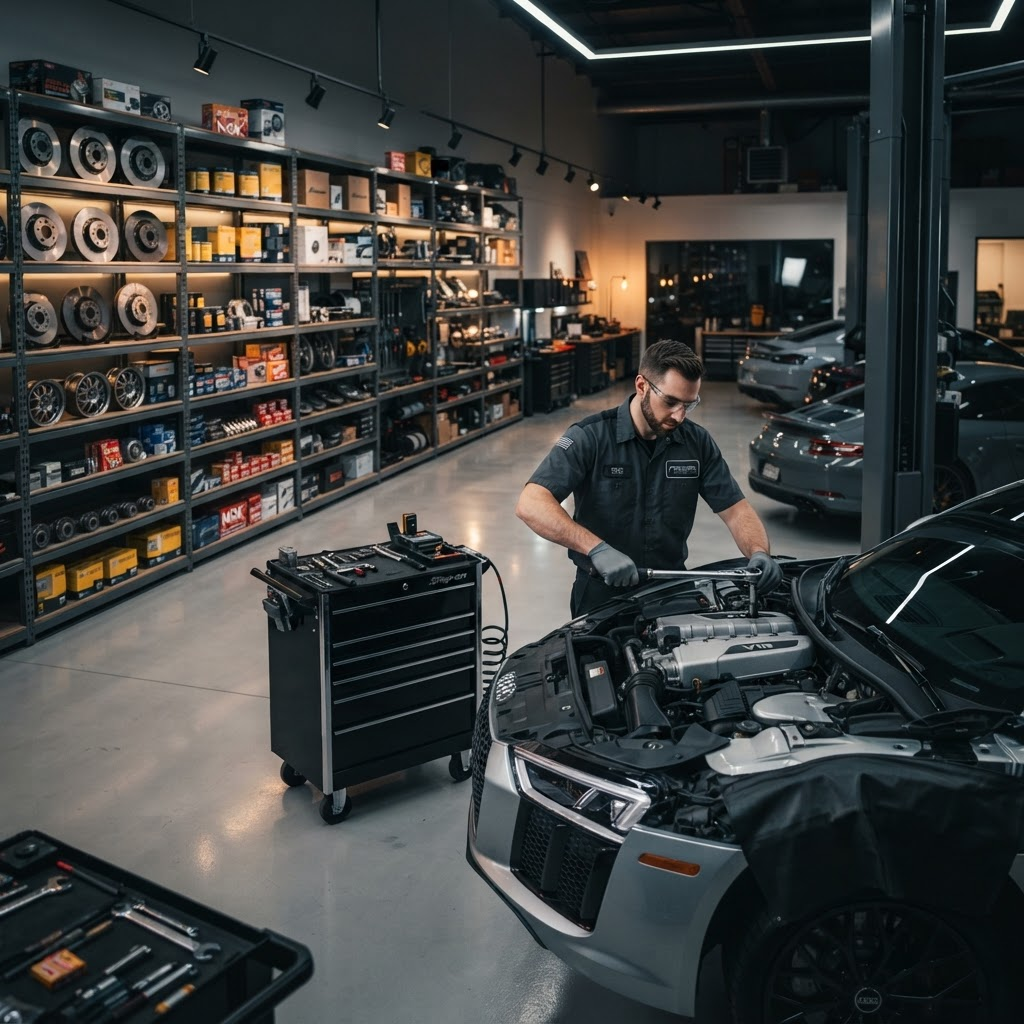 Professional automotive workshop with organized spare parts shelves